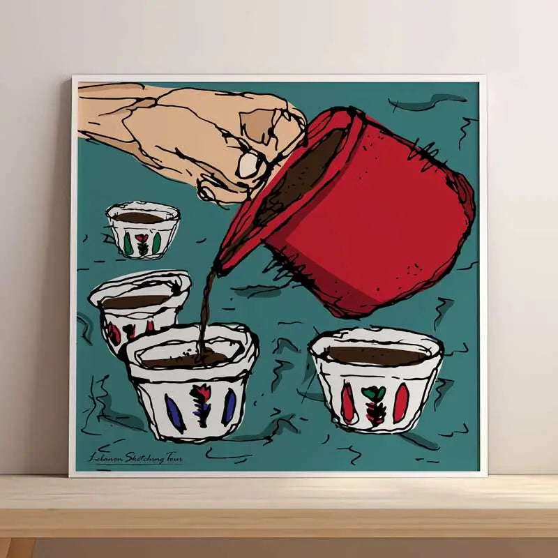 Framed Lebanese artwork of a hand pouring coffee from a red rakwe in small shaffe coffe cups. Lebanese coffee poster in square format